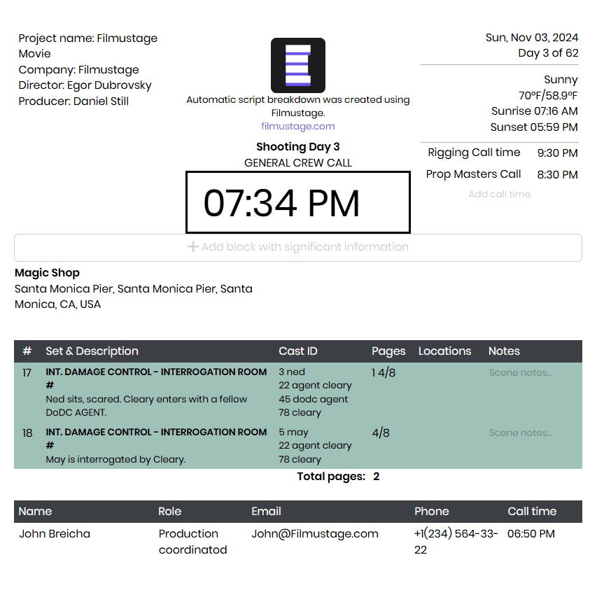Generate Detailed Call Sheets